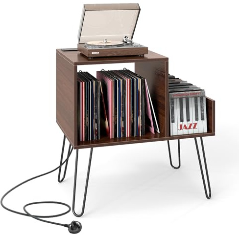 GOPLUS Meuble Platine Vinyle avec Station de Charge, 2Prise&2USB, 66 x 45 x 67 CM, Support pour Tourne-Disque avec Séparateur Amovible pour 145 Album, Étagère Ouvert, Pieds en Métal, pour Bureau