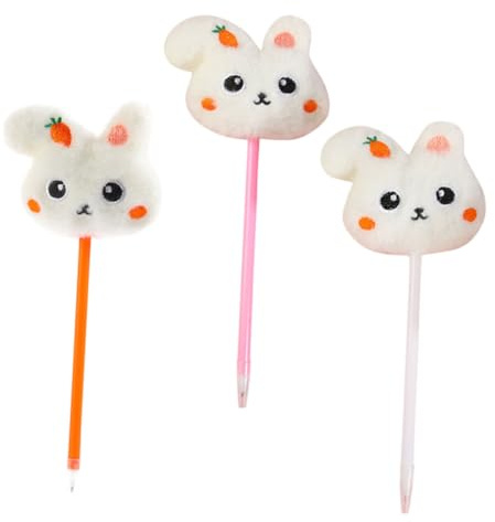 Healeved 3pcs Easter Bunny Plush Ballpoint Pens Set with Orange, Pink, and White Barrels, Adorable Rabbit Writing Pens for Office, Classroom, and Party Supplies