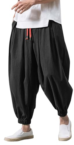 Generico Pantaloni Giapponesi Uomo Tinta Unita Traspirante Pantalone di Lino Cotone Leggeri Baggy Harem Pants Larghi Estivo Casual Comodo Pantalone Giapponese Pantaloni da Yoga e Spiaggia