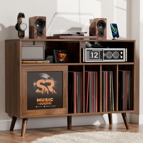 Gyfimoie Large Record Player Stand with Sliding Doors, 500+ Vinyl Record Storage Cabinet with Charging Station, Vinyl Holder with Display Area, Wood Turntable Table for Living Room & Music, Walnut