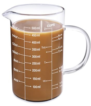 77L Glass Measuring Cup, [Insulated handle, V-Shaped Spout], High Borosilicate Glass Measuring Cup for Kitchen or Restaurant, Easy To Read, 500 ML (0.5 Liter, 2 Cup)