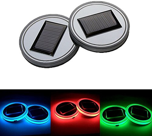 Youngine 2er-Pack, Solar LED-Autotassenhalter Mattenpolster wasserdichte Flasche Getränke Untersetzer Eingebauter Licht- und Vibrationssensor Auto-Innendekoration Lampe (Bunt)