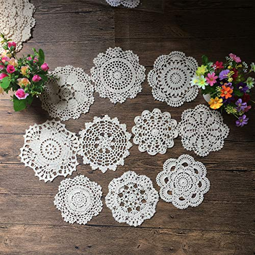 MINDPLUS Set mit 10 Handgehäkelten Deckchen aus Baumwolle Gehäkelte Spitze Deckchen Untersetzer Tischset 15-18 cm Rund Weiß Vintage-Hochzeit Teeparty (10 Stück Weiß)