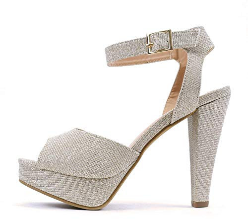 Guilty Shoes Damen Plateau Knöchelriemen High Heel – Offener Zehenbereich Sandalen – formelle Party Chunky Dress Sandalen, Gold (Champagnev3 Noppen), 40 EU