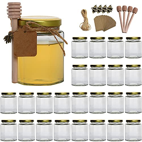 Woaiwo-q 6 oz Hexagon Glass Honey Jars, Glass Jars with Gold Lids,Bronze Bee Pendants,Wooden Honey Sticks,Small Tags,1.5m Jute Twine -Clear Hexagon Jars for Honey,Jams, Liquid.(25 Pcs)……