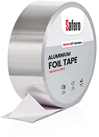 Safero Aluminium Foil Tape, 50mm x 10 meter Strong Adhesive Heat Resistance Water Proof Foil Insulation Tape for Shielding Panels, Pipes, Ducts and other DIY Repair for Protection and Support