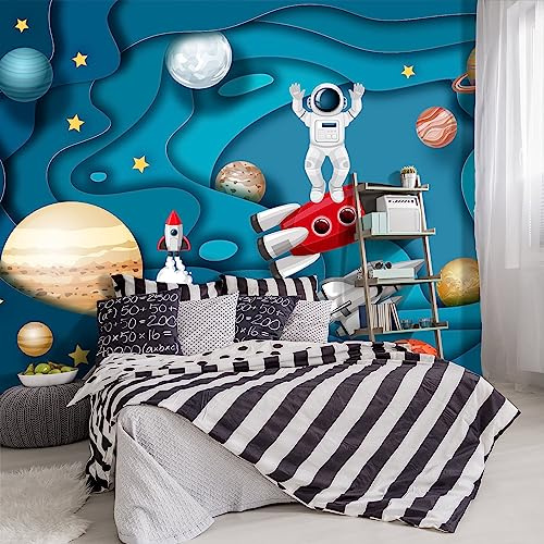 YIHWM -Kindergarten Children Galactic Planet Fabric Wallpaper Living Room Bedroom Boys Girls Children Cartoon Astronauts Large Mural- 91x65（ not Peel and Stick）