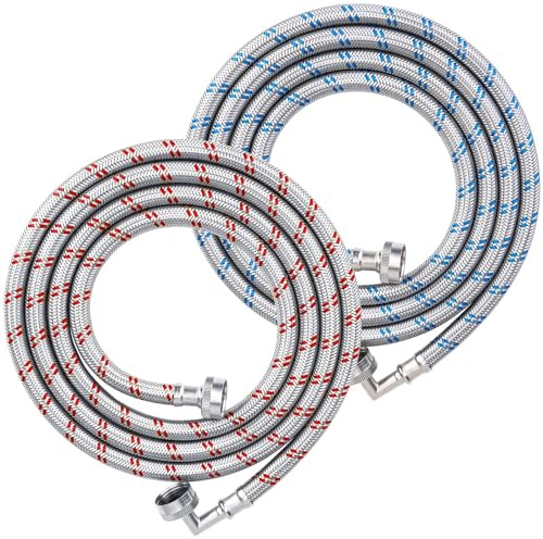 TICONN 6FT Washing Machine Hoses Set, 2 Pack EPDM Core Braided Stainless Steel Burst-Proof Washer Hoses with 90 Degree Elbow, 3/4 FHT Standard Thread (6ft)