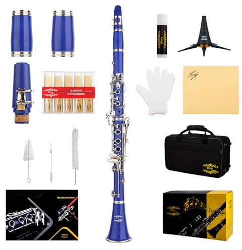 Glory GLY-CLADBL Professional Ebonite Bb Clarinet with 10 Reeds, Stand, Hard Case, Cleaning Cloth, Mouthpiece Brush and Pad Brush,Dark Blue/Silver