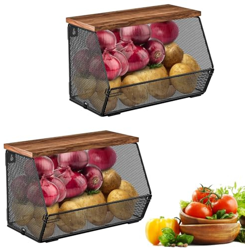 Zjyufy Cestas de Fruta Apilables para Encimera de Cocina, Cestas Colgantes de Malla Metálica con Tapa de Madera, Organizador de Cocina de 2 Unidades para Almacenar Snacks, Cebollas y Patatas