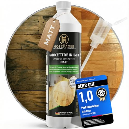 Holzfaser Parkettreiniger MATT/GLÄNZEND – 3in1 Konzentrat 1L für versiegelte Parkett- & Holzböden, Laminat & Kork | streifenfrei ohne Nachpolieren, rutschhemmend | inkl. Dosierhilfe & Schmutzradierer