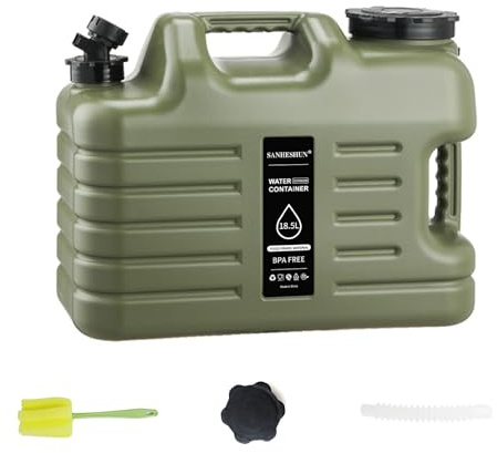5 Gallon Water Jug,18.5L Portable Water Container with Spigot, Cleaning Brush, Detachable Hose & Extra Lid, Dual Handles Design, BPA-Free Camping Hydration Canteen, Outdoor Tank Storage PE - Green