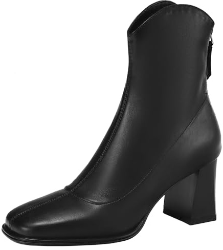 XIEPP Botines de punta cuadrada para mujer, tacón de bloque con cremallera, botas cortas para otoño e invierno, Negro , 33 EU