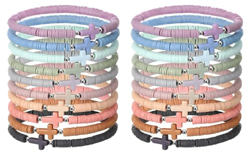 Rainway 20 piezas pulseras de cruz, pulseras de cuentas de arcilla apilables, coloridas pulseras boho de amistad, pulseras religiosas elásticas hechas a mano, pulseras de cruz para mujeres y hombres