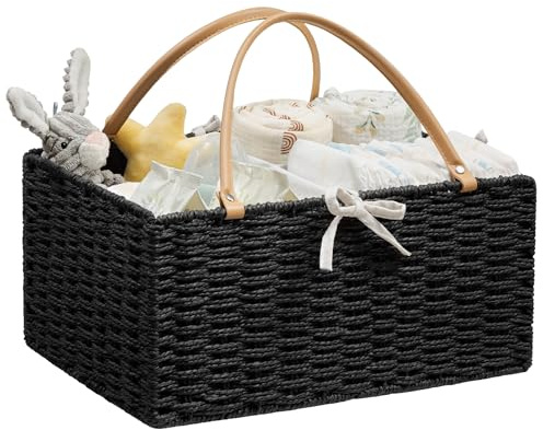 Angelhood Large Paper Rope Diaper Caddy, Baby Essentials Organizer, Portable Baby Shower Baskets Gift Bin, Car Storage Bag for Nursery