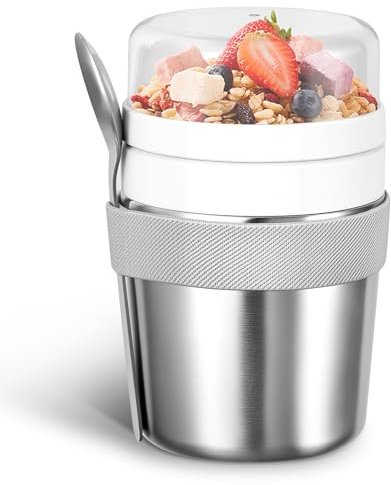 Leseed Edelstahl Müslibecher to go 500 ml + 220 ml Inklusive Löffel, auslaufsicher und isoliert Geeignet für Haferflocken, Joghurt und andere Lebensmittel Ideal zum Mitnehmen für unterwegs
