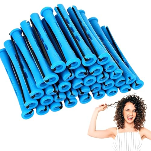AEKZOX 50 piezas Juego completo de rulos para permanente, de 0.35 pulgadas, Kit de rizadores sin calor, Herramienta de peinado, largo y corto, bigudies para ondas, heatless curls, pelo rizado (azul)