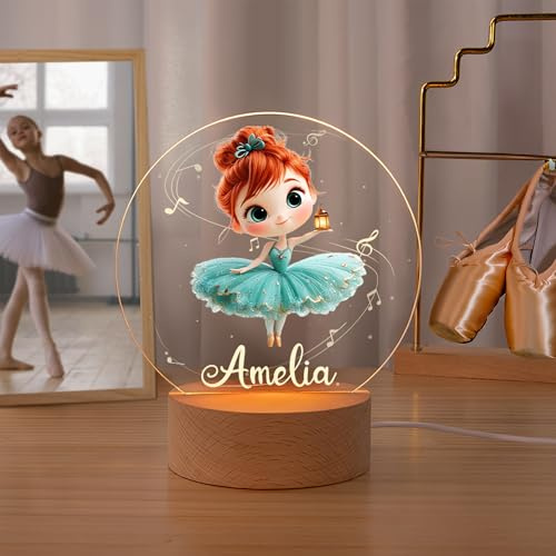 callie Acrylic Night Light Name Plate Personalized, Custom Cute Animal Dog Cat with Wooden Base Bedroom Decor, Birthday Gifts Kid Gifts for Family (Ballet Girl)