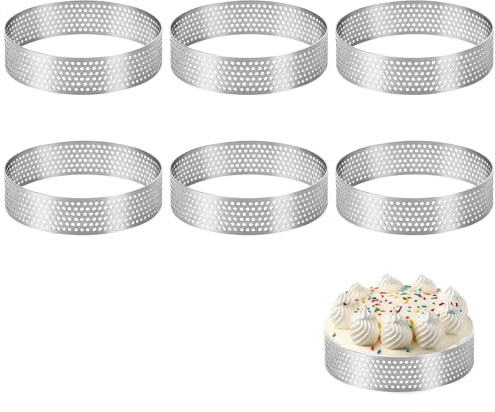 6 anillos de postre de 8 cm, moldes de acero inoxidable para tortillas, anillos perforados, anillos para hornear para tartas, minipasteles, mini pizzas, magdalenas, anillos para tartas, moldes