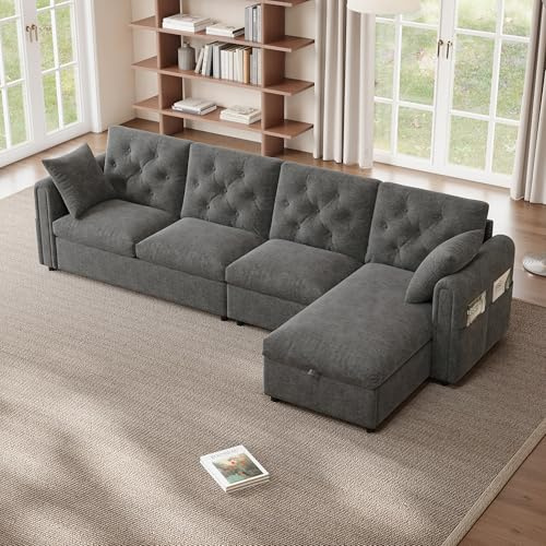 BTM Modern L‑Shaped Corner Sofa with Storage Reversible Chaise & Side Pockets Velvet Sofas 4 Seater for Living Room Grey