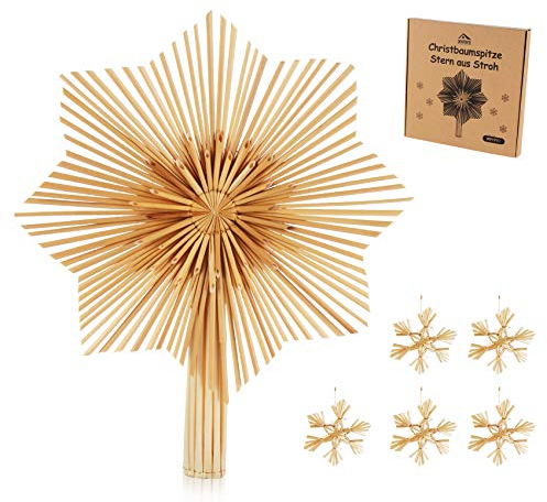 Anstore Weihnachtsbaum Spitze Christbaumspitze aus Stroh, 30 * 25 cm, Natürlicher Handgemachter Strohstern Baumspitze Stern Christbaumschmuck mit 5 Strohsterne Ø 6 cm