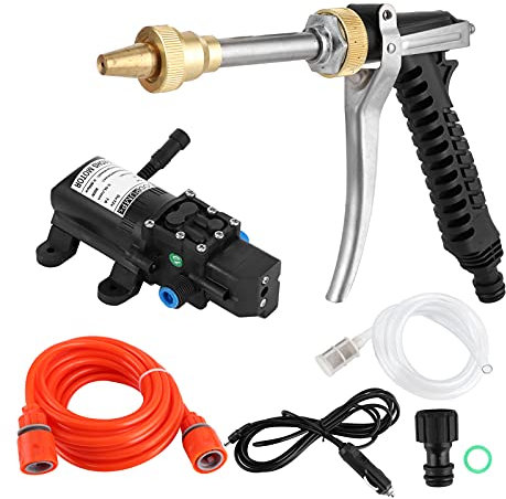 Tbest Lavadora de alta presión, pistolas de pulverización de agua, 12 V portátil 130 PSI Lavadora de alta presión Kit de manguera de bomba de agua 80 W Limpiador de lavado potente reemplazo para coche
