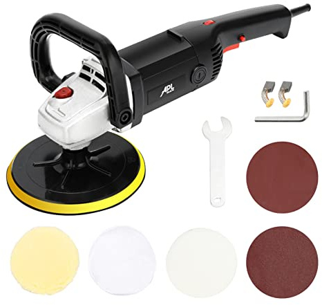 APLMAN Buffer Polisher, 7 Inch Buffer Polisher for Car with 5 Polishing Pads,6 Variable Speed Detachable Handle, Ideal for Marble Slab Wood Polishing Rust Removal Sanding and Waxing