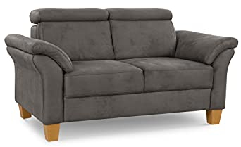 Cavadore 2-Sitzer-Sofa Ammerland / 2er-Couch im Landhausstil mit Federkern + verstellbaren Kopfstützen / 156 x 84 x 93 / Wildlederoptik, Grau