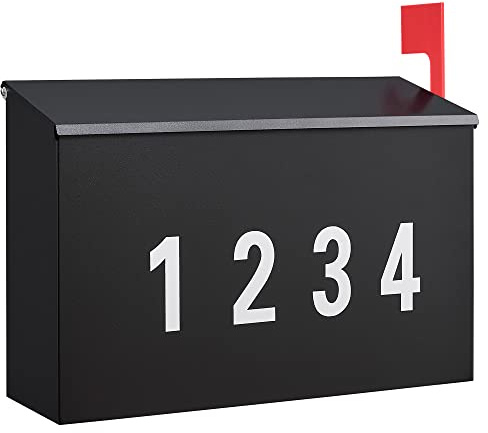 LAND·VOI Wall-Mount Mailbox with One Flag Kit and Three Sets of 0-9 Mailbox Number Stickers, Mailboxes for Outside, Galvanized Steel Rust-Proof Metal Post Box, 4.33 Dx14.2 Wx10.43 H, Black