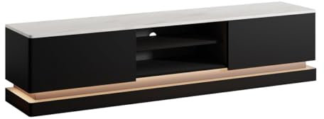 Vente-unique Pascal MORABITO - Meuble TV 2 tiroirs et 2 niches avec LEDs en MDF - Noir et Effet marbre Blanc - DEVIKA de Pascal MORABITO