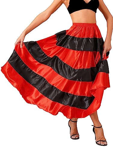 TiaoBug Damdanskjol flamenco kjol, midi, lång skater, swingkjolar med volang, vuxna, danskläder, modern tango, valsdräkt, Röd svart 360 grader, one size
