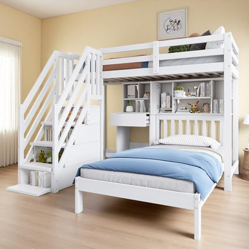 Sapgaks Lit superposé Enfant 90 x 200 avec Fonction Espace de Rangement,lit Double 90 x 200 Multifonction,lit Mezzanine 2 Places avec Bureau et étagères,pour Enfants 90 x 200