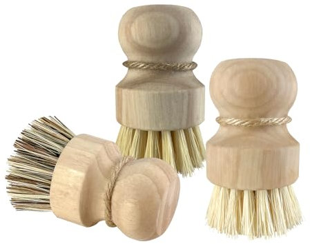 ABuYanOIn Juego de 3 cepillos de madera para platos de cocina (3 unidades), mango de mango de madera de goma natural, respetuoso con el medio ambiente, mini cepillo redondo de palma, herramientas de
