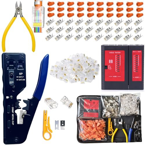Netzwerk Werkzeug Set,ZALASUNG Crimpzange RJ45 Set mit 50x Cat6-Stecker/ 30xCat7/Cat6a Lan Netzwerktester werkzeug Abisolierzange für RJ45/ RJ11/RJ12 Profi Netzwerkinstallation Reparaturwerkzeuge