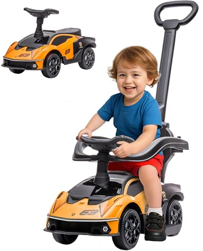 AIYAPLAY 2 en 1 Coche Correpasillos para Niños 12-36 Meses Lamborghini Essenza SCV12 Andador Empujador con Bocina Mango de Empuje y Barandilla Extraíbles 86,5x40x89,5 cm Naranja y Negro