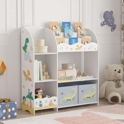 [en.casa] Kinderregal Lysekil Bücherregal für Kinder mit 2 Aufbewahrungsboxen Spielzeugregal 100 x 93 x 30 cm Spielzeug Aufbewahrung Dinosaurier Motiv