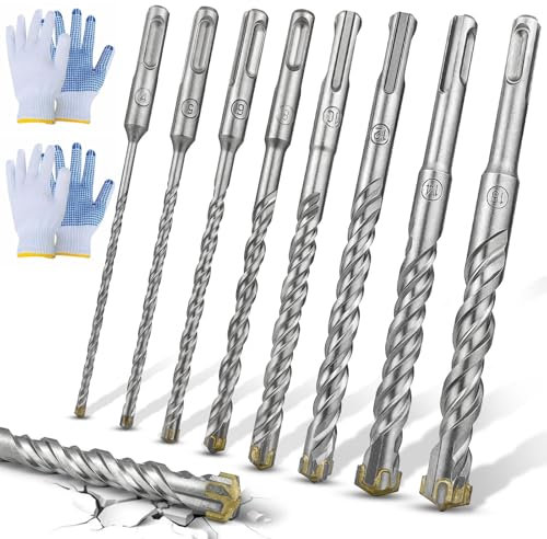 GZcaiyun SDS Plus - Juego de brocas para hormigón (8 unidades, tamaños 4,5,6,8,10,12,14,16 mm × 160 mm, para taladrar hormigón, piedra, madera, ladrillo, azulejos, con 2 pares de guantes)