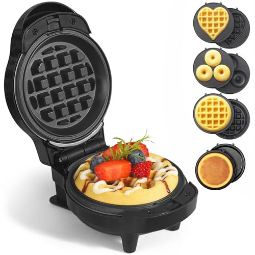 UVFAST Mini Waffles Maker with 8 Removable Plates, 4 in 1 Small Waffle Maker Mini- Waffle, Heart Waffle, Pancake, Donut, 4.5 Non Stick Waffle Iron for Kids and Families, Black