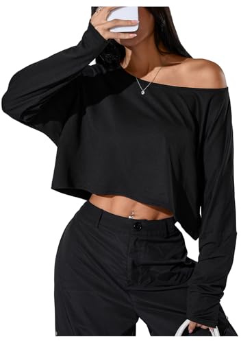 GORGLITTER Women's Asymmetrical Off Shoulder Cropped T Shirts Long Sleeve Loose Casual Tops