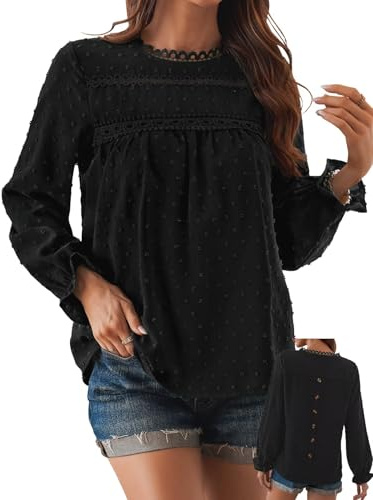 TUUHAW T-shirt dam elegant långärmad t-shirt med rund hals höst bohemisk ledig volangskjorta kläder spets toppar