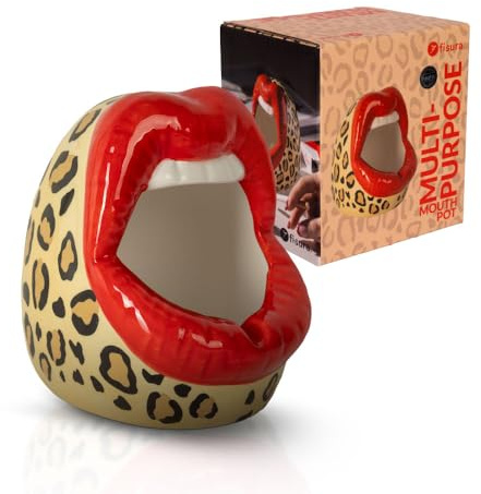 Fisura – Posacenere originale “bocca” con stampa leopardata. Posacenere in ceramica per interno ed esterno, idea regalo divertente. Può essere usato come vaso o svuotatasche. 9,5 x 12 cm.