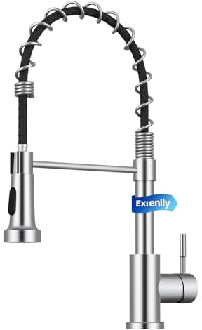 Exrenlly Robinet de Cuisine, Mitigeur de Cuisine Commercial à Ressort, Robinet à Simple Levier en Acier Inoxydable avec Bec Pivotant 360° et 2 Modes de Pulvérisation, Nickel Brossé
