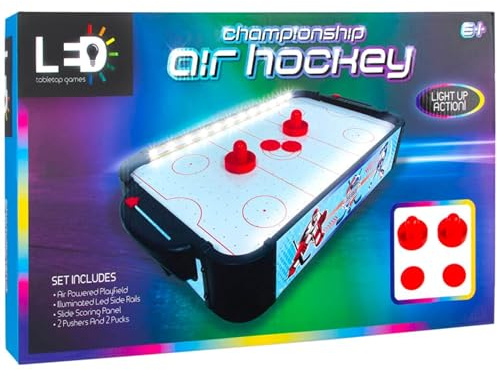 rightclick LED Air Hockey Game Table Set – Light-Up Air Powered Playfield with Scoring Panels, 2 Pushers & Pucks – Indoor Sports Game for Kids & Adults