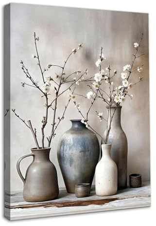 Dazzlewall Framed Vintage Floral Wall Art, Rustic Still Life with Ceramic Vase and Dried Flowers Painting for Living Room Bedroom Bathroom Decor 12x16 in