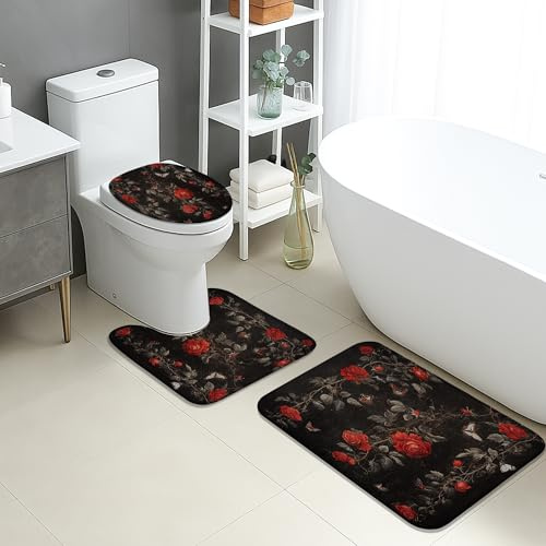 3 Piezas Juego De Alfombra De Baño Flower Vintage Negra Alfombra En Forma De U Imprimir Moda Alfombras De Cama, para Dormitorio, Cocina, Bathroom