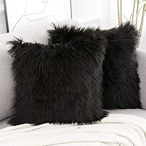 WLNUI Black Faux Fur Throw Pillow Covers 18x18 Inch Set of 2, Luxury Fluffy Shaggy Plush Cushion Cases for Couch Sofa Bed Living Room Decor, Soft Fuzzy Pillow Covers with Hidden Zipper