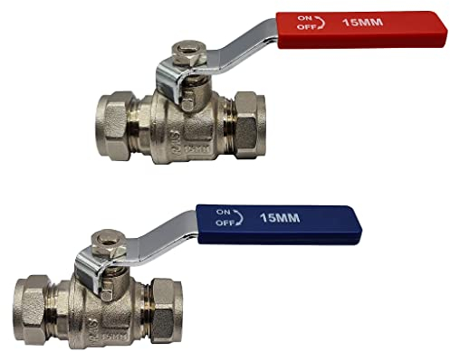 Pipestation 15mm Isolation Valve, 2 Pack with Red & Blue Handle - Lever Compression Fitting Shut Off Iso Valve - WRAS Approved - Large Bore for Increased Flow - Compression Olives Included