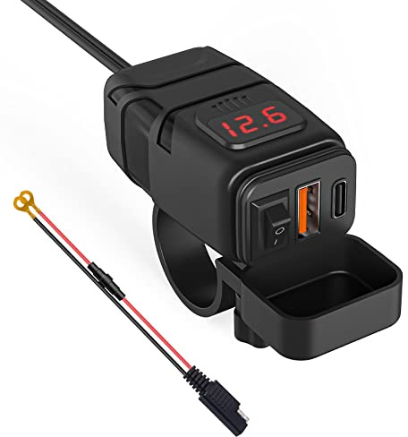 Kriogor Typ C PD och QC3.0 USB-laddare för Motorcykel, 12V/24V Vattentät Billaddare med Strömbrytare och Spänningsmätare LED-indikator för SUV Marina Båtar (Röd)