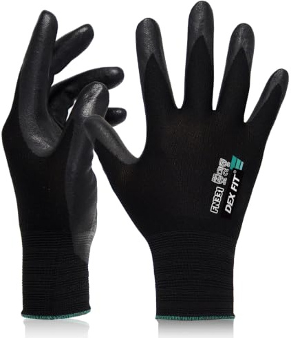 DEX FIT FN331 Guanti da Lavoro Rivestiti in Nitrile - Vestibilità 3D-Comfort, Presa Salda, Sottili e Traspiranti, Compatibili con Touchscreen, Protettivi, Lavabili; Nero XS (6) 1 Paio