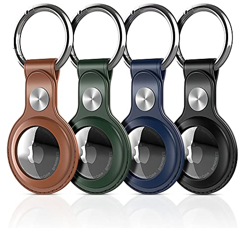 PESTON AirTag Schlüsselanhänger mit PU-Leder Hülle, Anhänger für Apple AirTag mit Rundumschutz vor Kratzern & Stößen, Original-Knopf (4er Set)